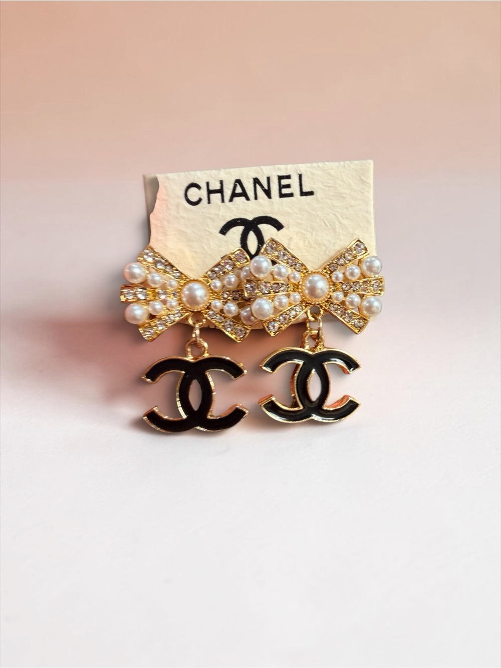 Gold Pearl Bow Drop CC Logo Earrings - Black & White | NEW